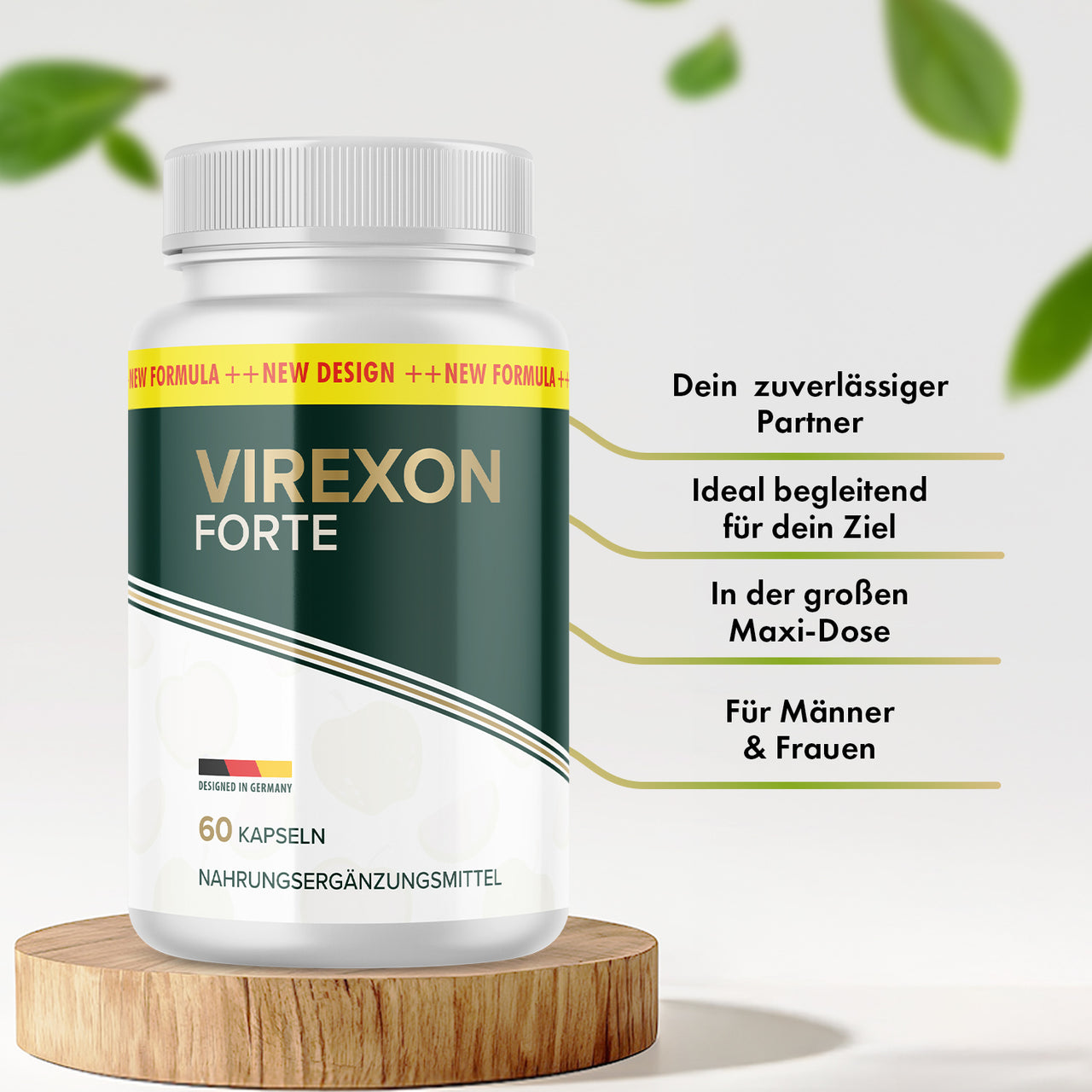 Virexon Forte Dose mit 60 Kapseln auf Holzsockel, rechts daneben vier sichtbare Produktmerkmale
