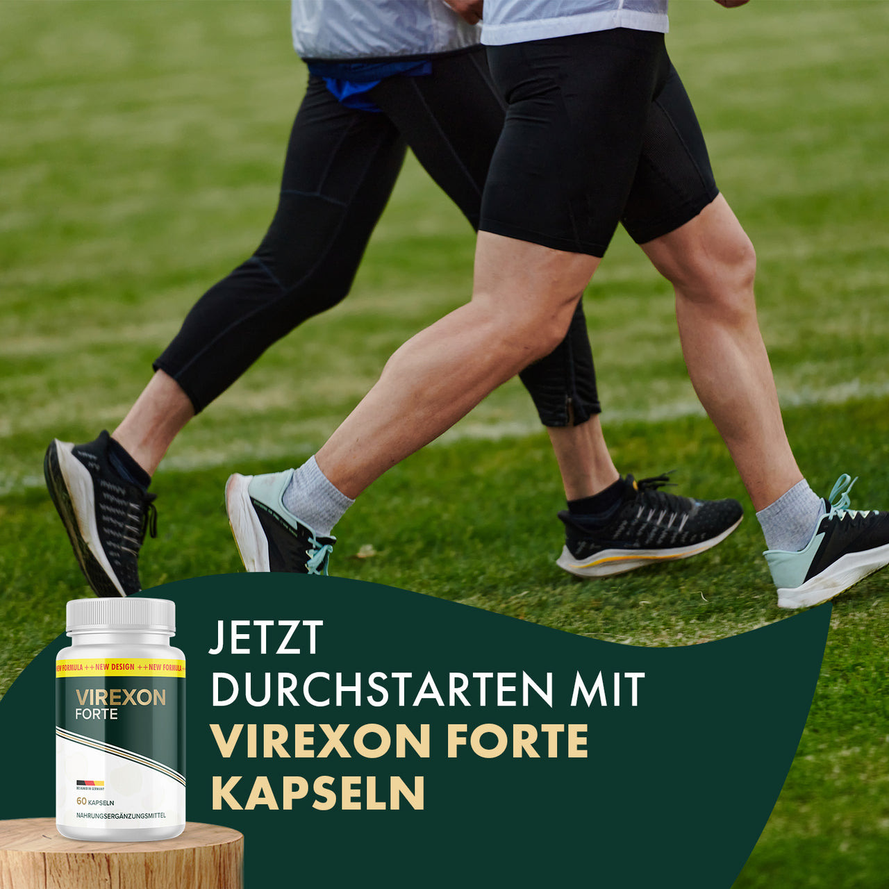 Zwei Personen joggen auf einer Wiese, daneben eine Dose Virexon Forte Kapseln mit Werbetext