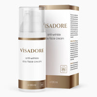 Thumbnail for Weiße Flasche mit Pumpspender Visadore day face cream 100 ml vor passender goldweißer Faltschachtel