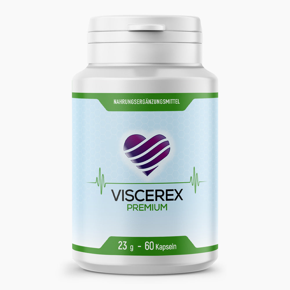 Kunststoffdose mit hellblauem Etikett Viscerex Premium, 60 Kapseln und Herzsymbol auf 23 g