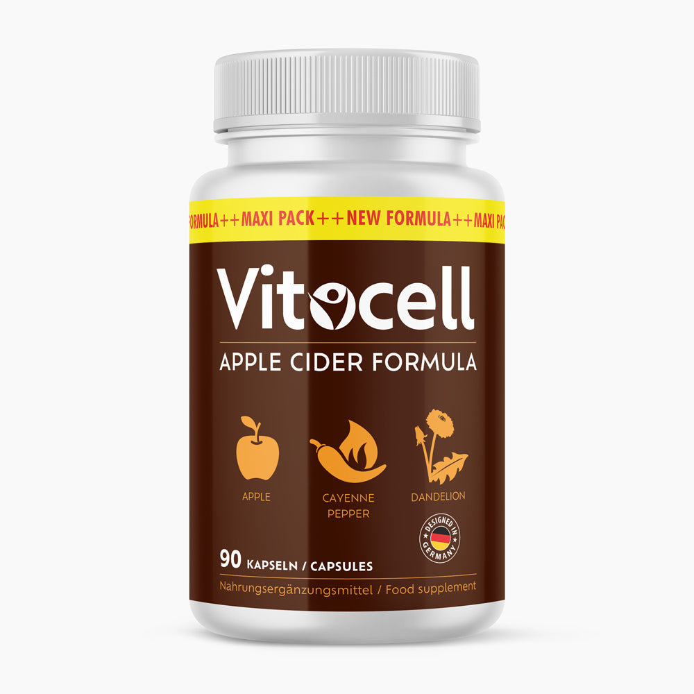 Weiße Kunststoffdose mit braunem Etikett, Schrift Vitocell Apple Cider Formula, 90 Kapseln