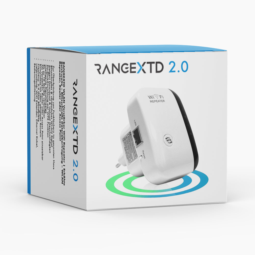 Produktverpackung Range XTD 2.0 mit Abbildung eines weißen WLAN-Repeaters und grafischen Kreisen
