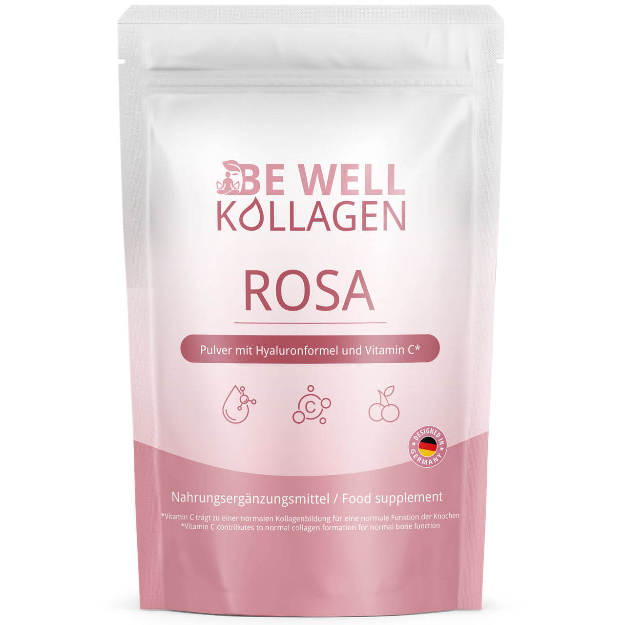 Be Well Kollagen ROSA Nahrungsergänzungsmittel im weiß-rosa Beutel mit Hyaluronformel und Vitamin C

