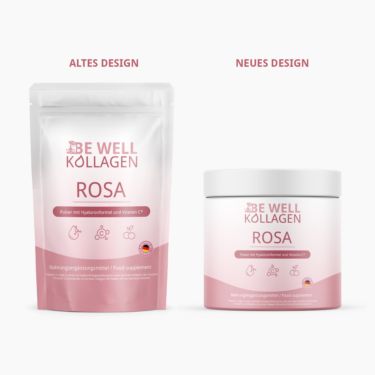 Be Well Kollagen ROSA: altes Design als Beutel und neues Design als Dose nebeneinander abgebildet
