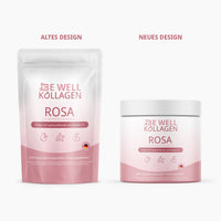 Thumbnail for Be Well Kollagen ROSA: altes Design als Beutel und neues Design als Dose nebeneinander abgebildet
