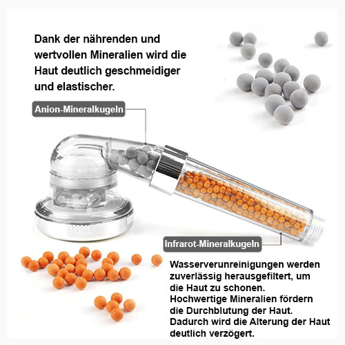 Transparenter Duschkopf mit grauen und orangen Kugeln, daneben verstreute Kugeln auf weißem Hintergrund