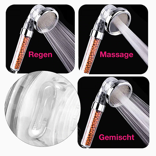 Duschkopf mit orangenen Kügelchen in drei Betriebsarten: Regen, Massage und gemischt, Nahaufnahme Schalter
