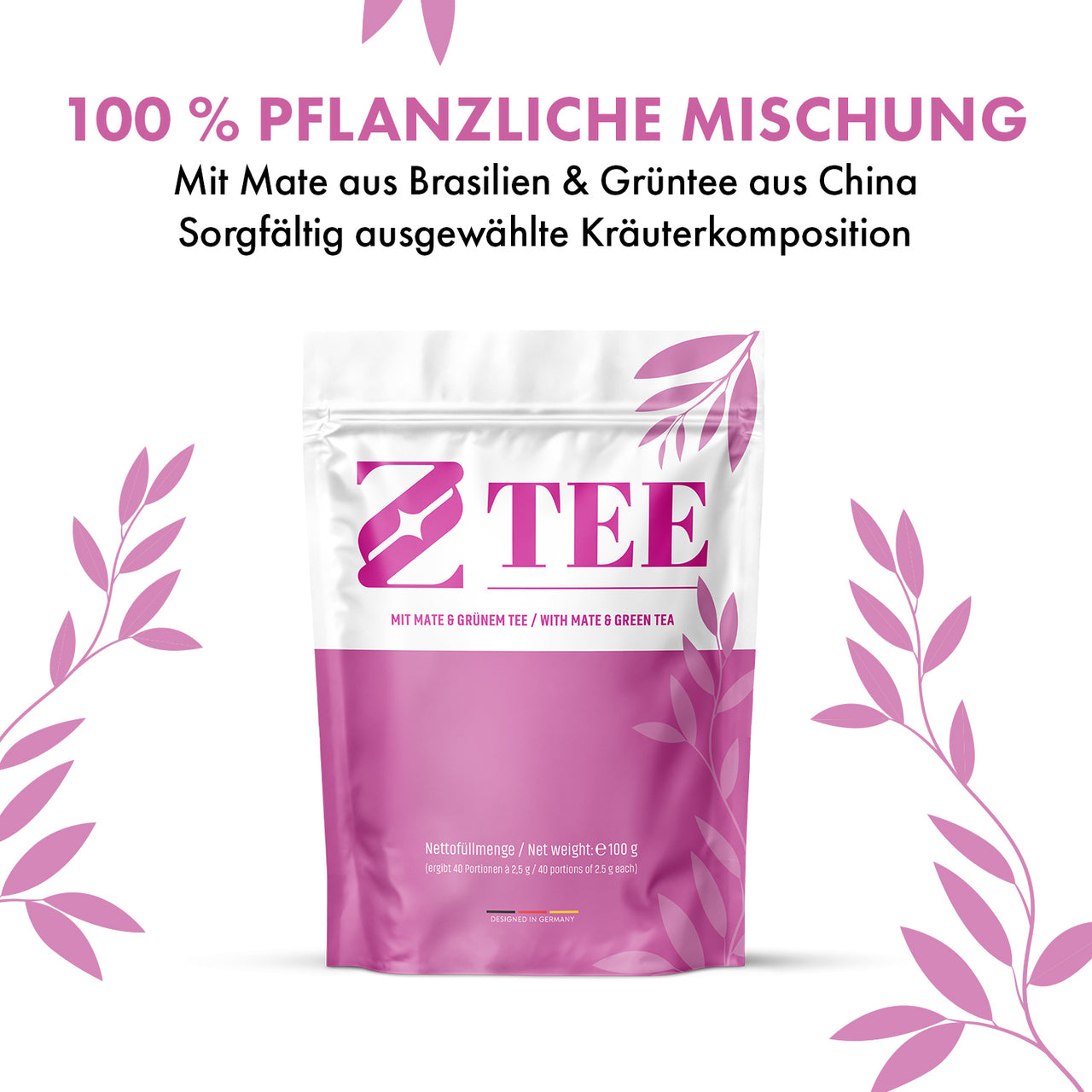 Z Tee Beutel mit Hinweis auf 100 % pflanzliche Mischung, Mate aus Brasilien und Grüntee aus China