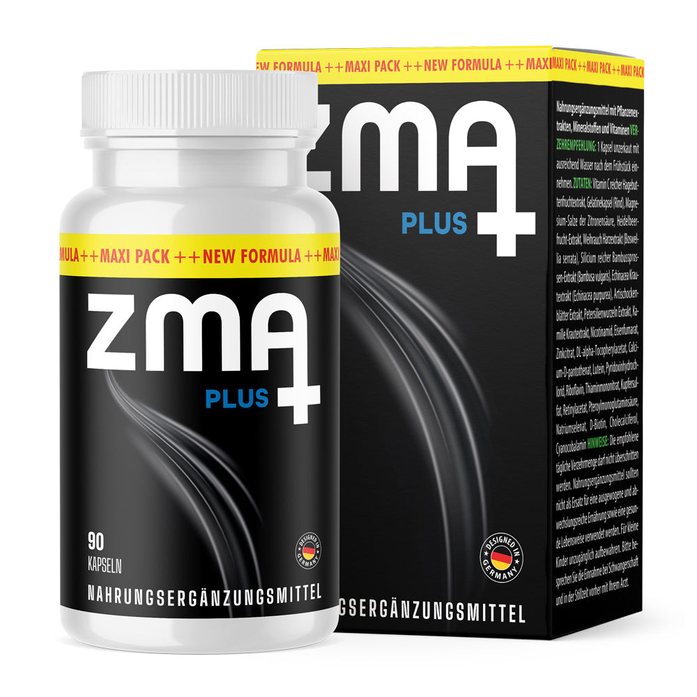 Kunststoffdose ZMA Plus 90 Kapseln vor schwarzer Faltschachtel mit Aufdruck