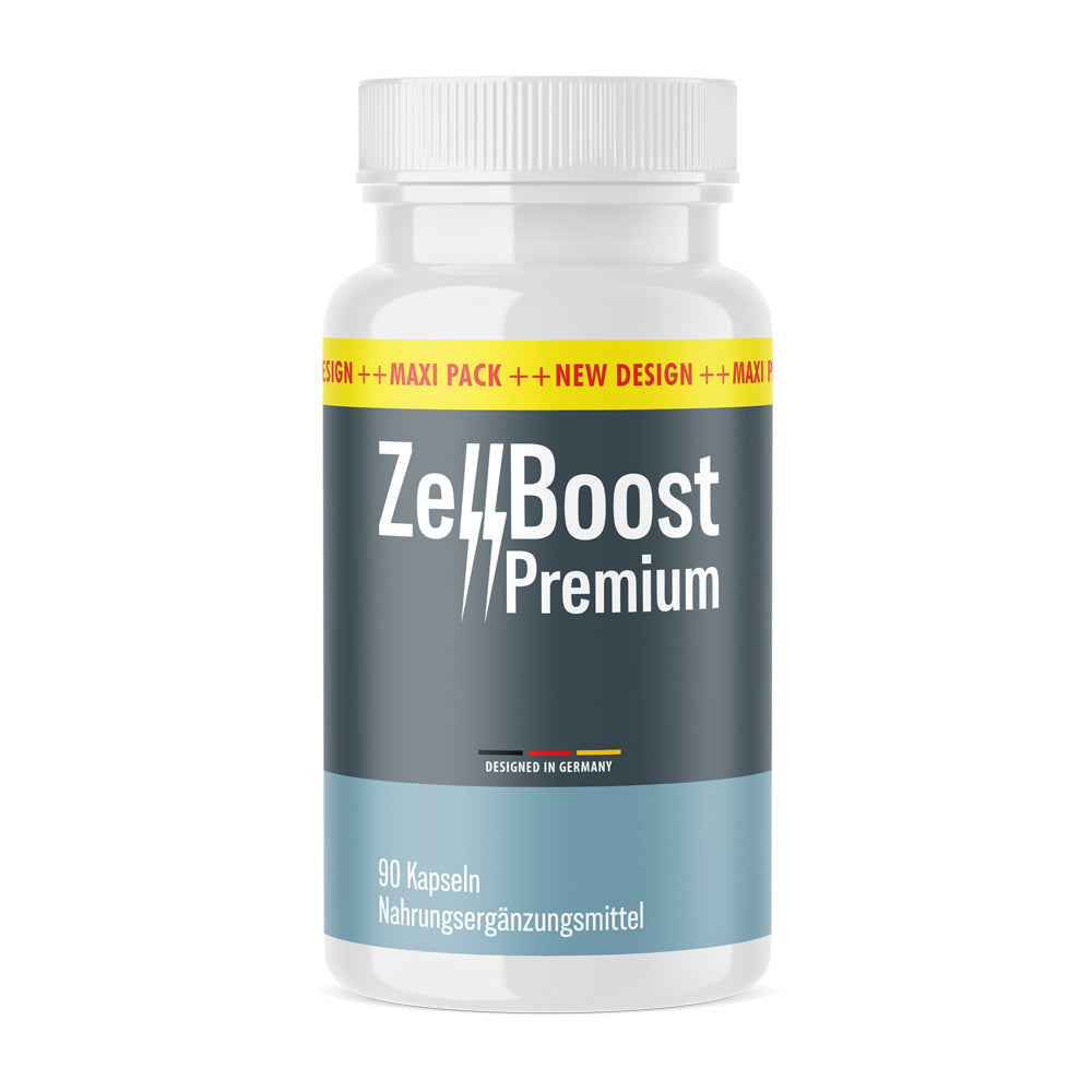 Weiße Kunststoffdose ZellBoost Premium mit 90 Kapseln und graublauem Etikett